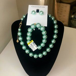 Charter Club necklace earrings & bracelet green pearl set - new